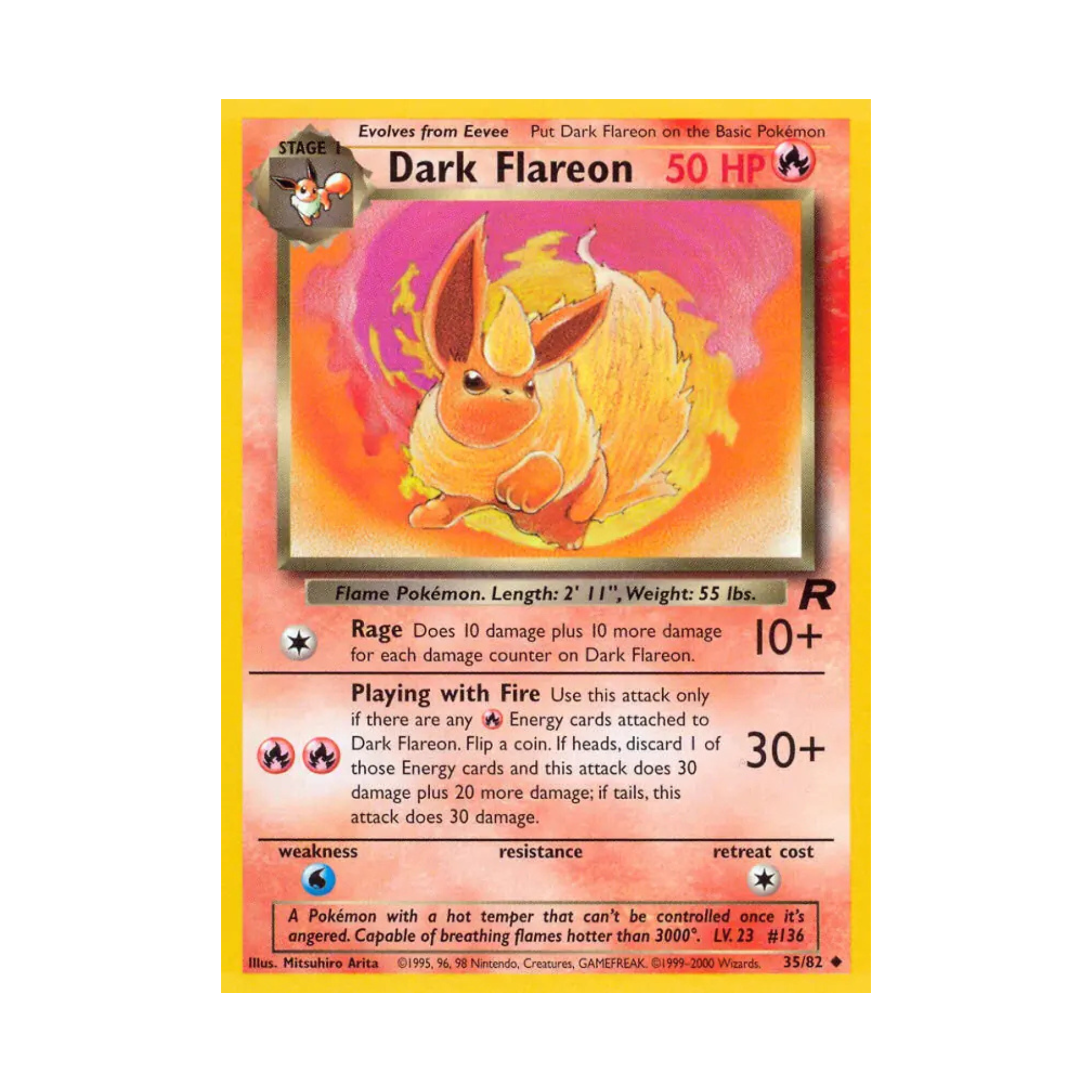 Dark Flareon Pokémon card featuring a vintage design, HP 50, and attacks 'Rage' and 'Playing with Fire.'