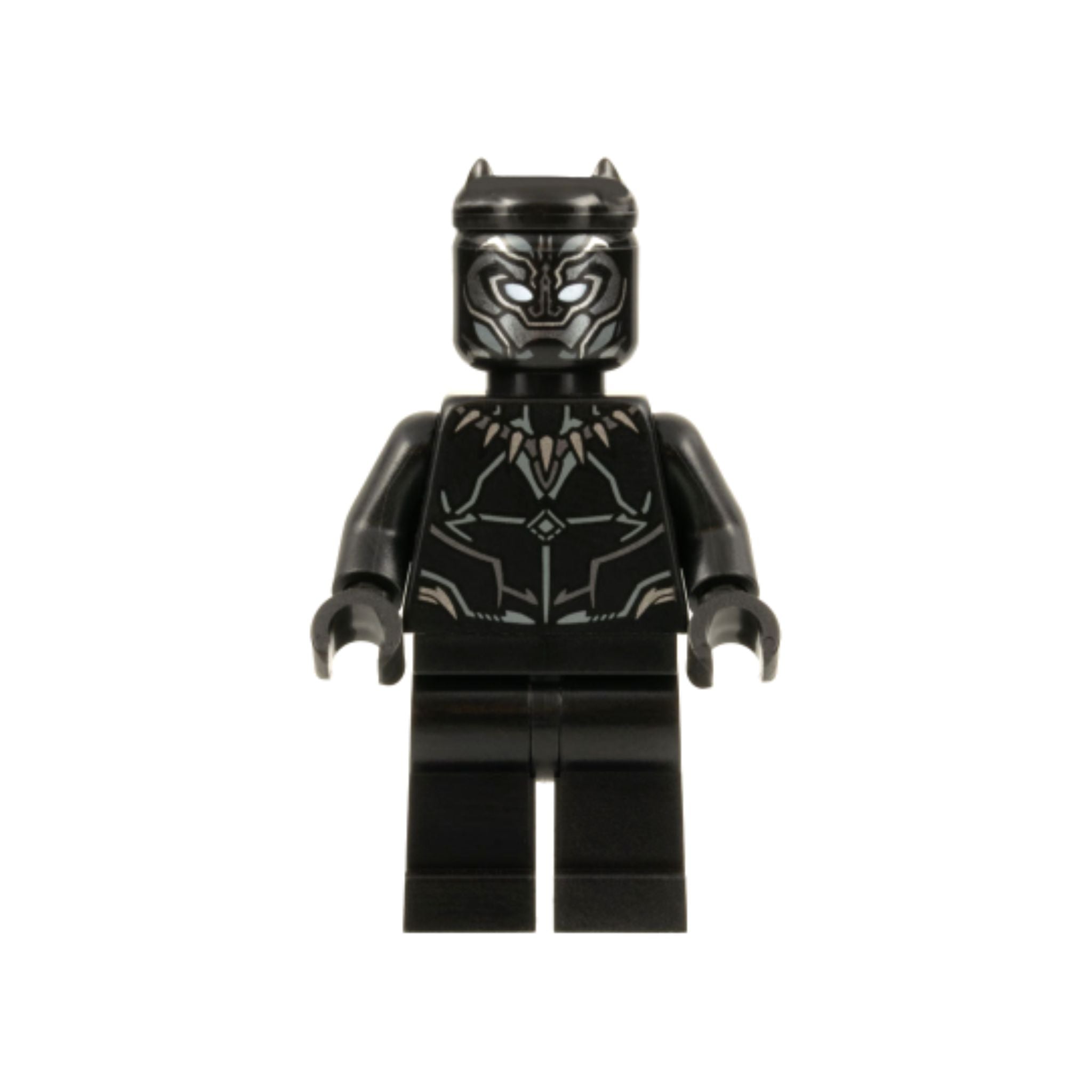 Black panther minifigure featuring a black body with silver detailing, pointed ears, and facial design elements.