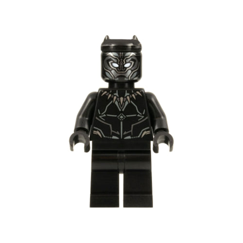Black panther minifigure featuring a black body with silver detailing, pointed ears, and facial design elements.