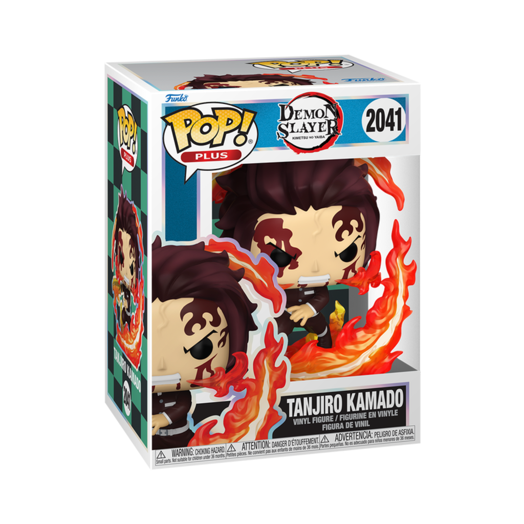 Tanjiro Kamado Funko Pop figure in a dynamic pose with flames, showcasing vibrant colors and character details.