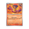 Moltres Pokémon trading card featuring flames, 120 HP, and the attack 'Fighting Wings' with 20+ damage. Basic card.