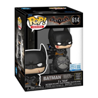 Boxed Funko Pop Deluxe figure of Batman in a black suit with a cape, featuring a window display and base.