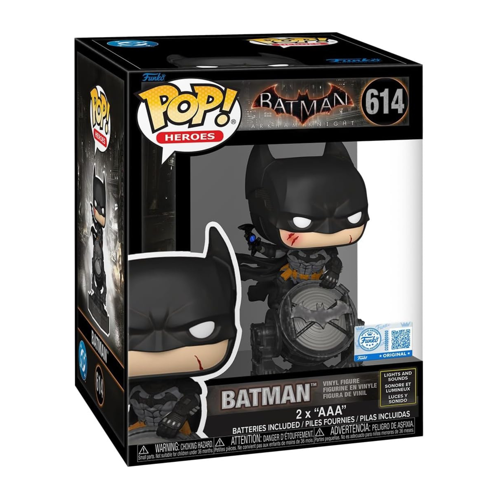 Boxed Funko Pop Deluxe figure of Batman in a black suit with a cape, featuring a window display and base.