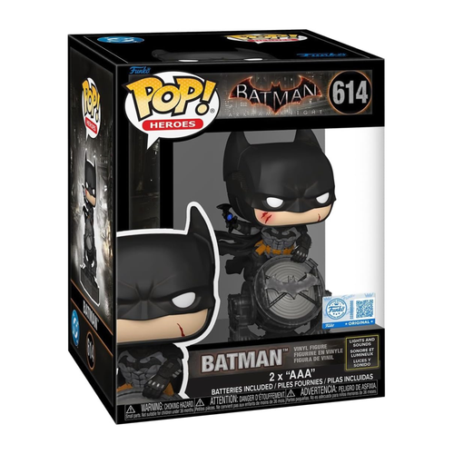 Boxed Funko Pop Deluxe figure of Batman in a black suit with a cape, featuring a window display and base.