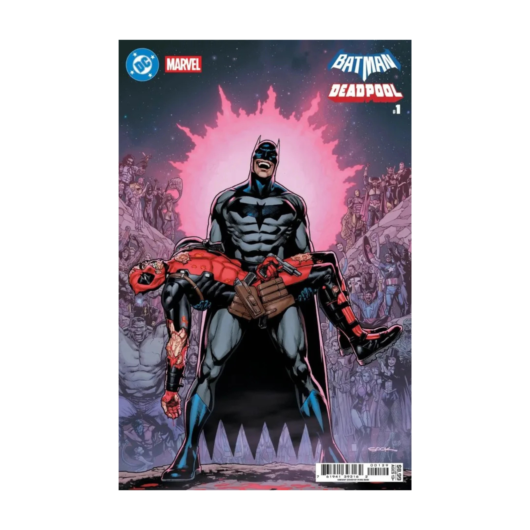Comic book cover featuring Batman holding a slumped Deadpool, surrounded by vibrant characters and colors.