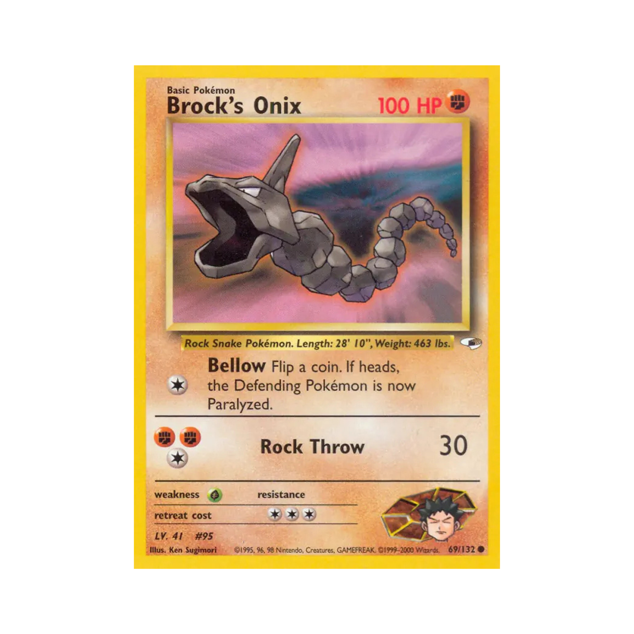 Brock's Onix Pokémon card featuring a rocky snake-like creature with 100 HP and moves like Bellow and Rock Throw.