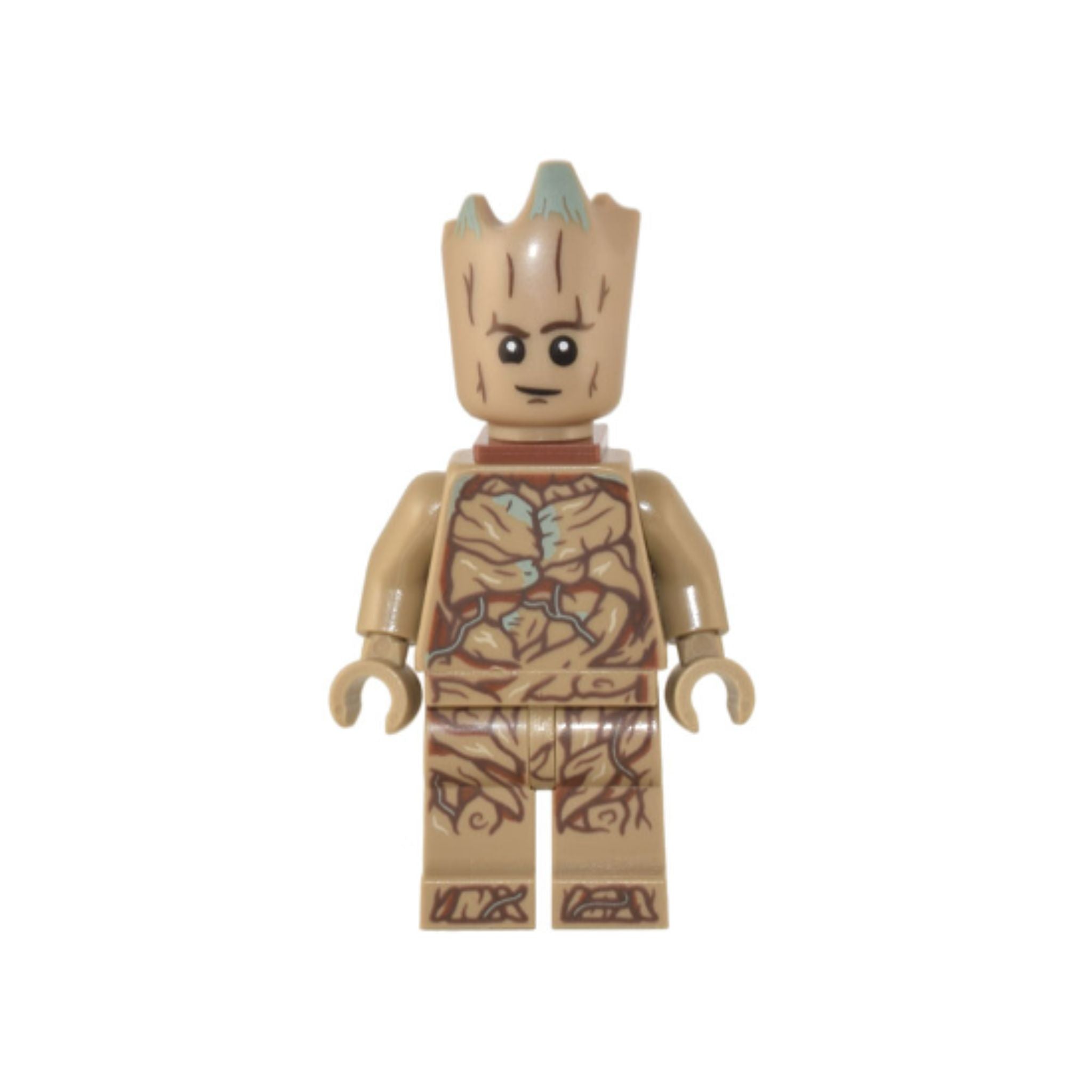 Minifigure resembling a tree-like character with a light brown body, expressive face, and green tips on top.