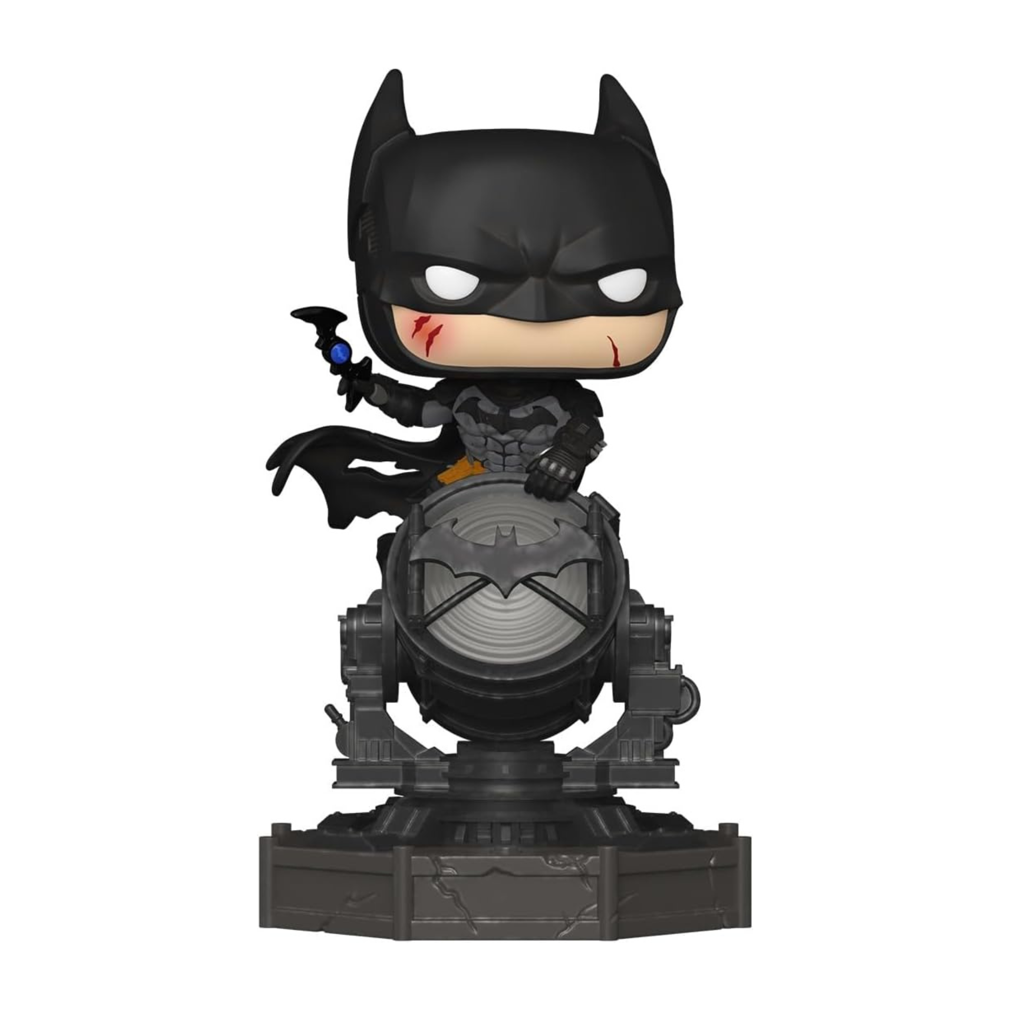 Batman Funko Pop Deluxe figure from Arkham Knight, featuring a serious expression, scars, and a batarang on a spotlight base.