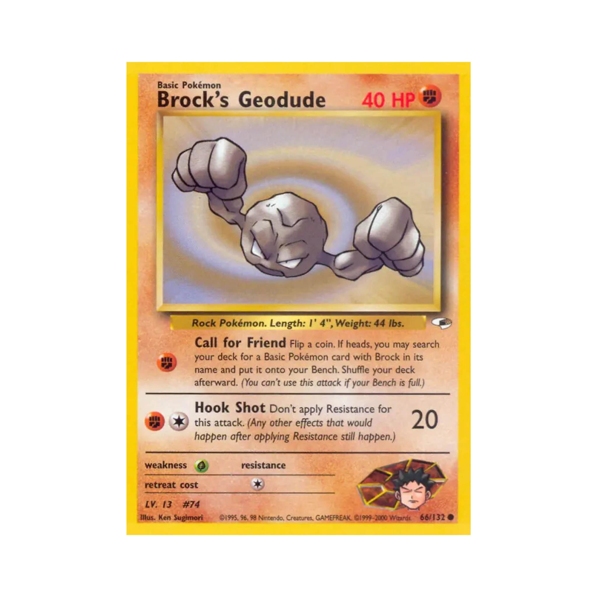Brock's Geodude Pokémon trading card featuring Geodude illustration, HP 40, level 13, and Pokédex number 474.