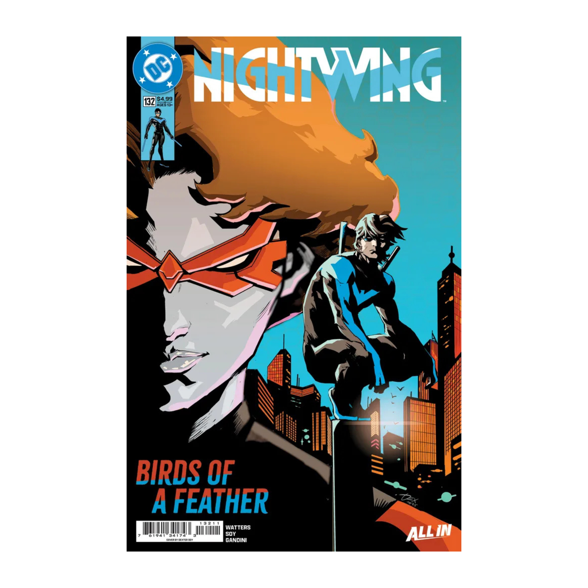 Comic book cover of Nightwing #132 featuring characters with orange hair and a red mask against a city skyline background.