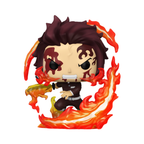 Funko Pop figure of Tanjiro Kamado in a dynamic pose, holding a sword with stylized flames in the background.