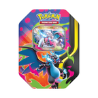Colorful octagonal tin featuring Mega Charizard X ex from the Pokémon Trading Card Game.