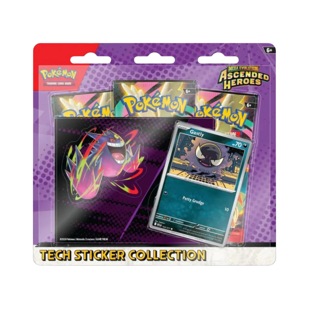 Colorful packaging for Pokémon TCG: Mega Evolution - Ascended Heroes 3 pack Tech Sticker Collection featuring a Gastly card.
