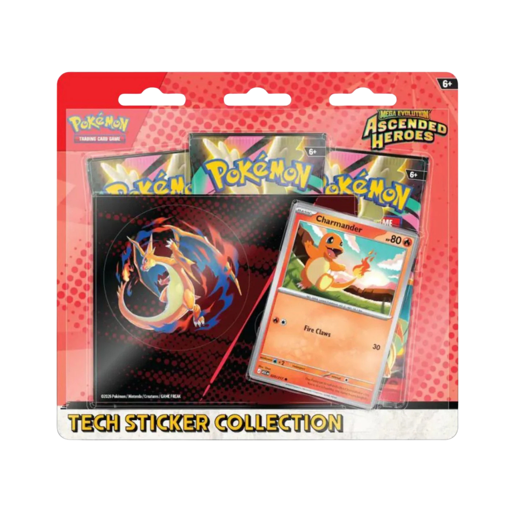 Packaged Pokémon TCG: Mega Evolution - Ascended Heroes collection featuring Charmander and a fiery tech sticker. Recommended age 6+.