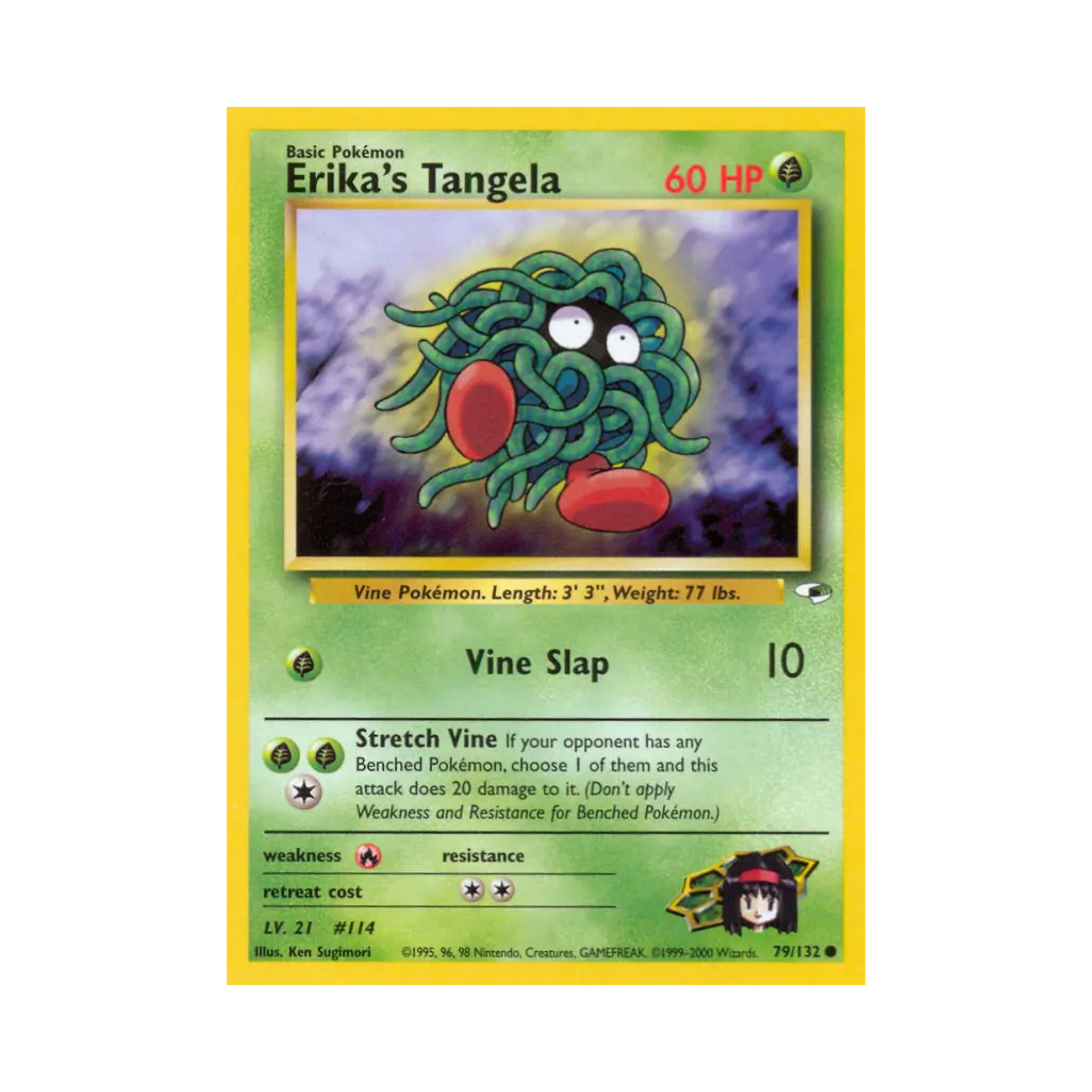 Erika's Tangela Pokémon card featuring a green creature with red eyes, 60 HP, and abilities like Vine Slap and Stretch Vine.