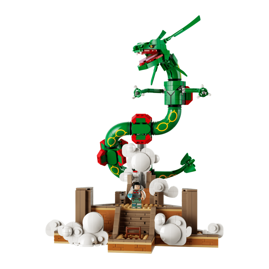 LEGO Pokémon Rayquaza 72168 close-up – intricate brick detail of Hoenn Legendary Pokémon display figure