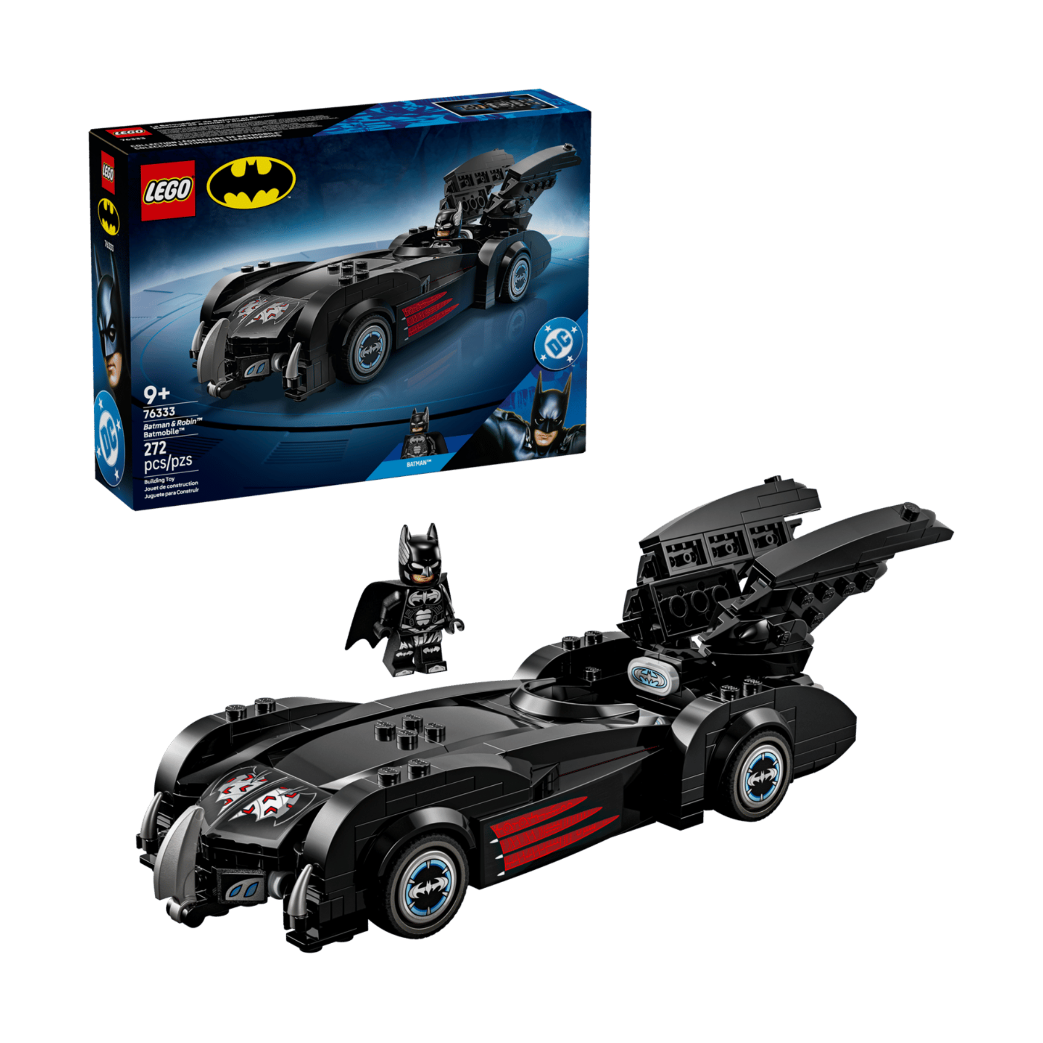 Batmobile model in black with red accents, featuring a Batman minifigure and open hood, displayed in LEGO packaging.