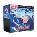 Colorful artwork on the Pokémon TCG: Mega Evolution - Chaos Rising Elite Trainer Box, featuring characters and thematic elements.