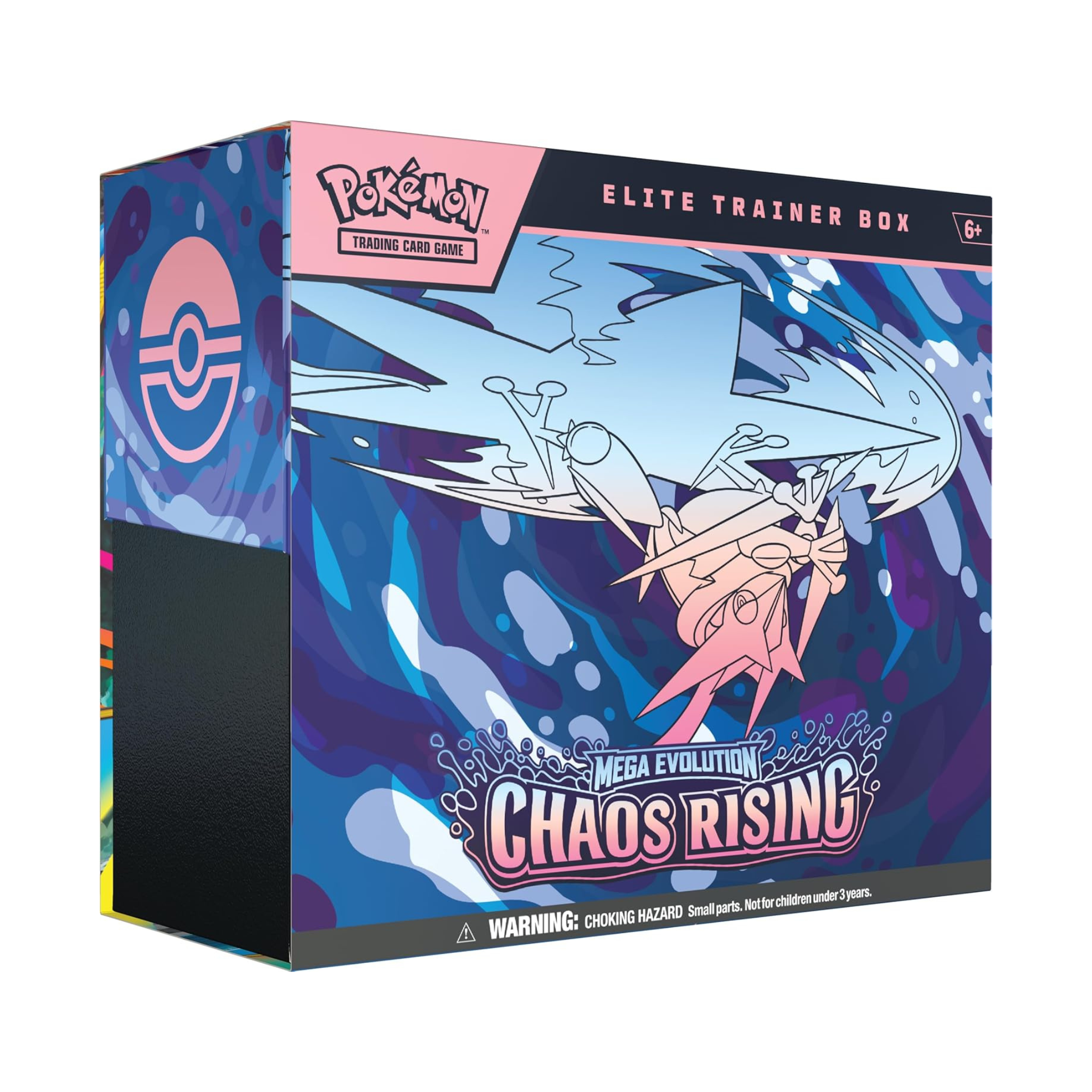 Colorful artwork on the Pokémon TCG: Mega Evolution - Chaos Rising Elite Trainer Box, featuring characters and thematic elements.