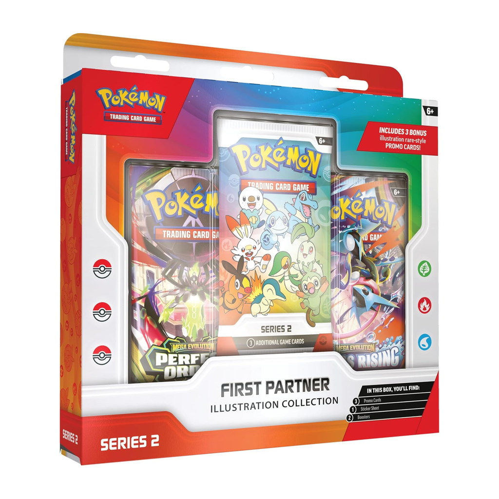 Pokémon TCG First Partner Illustration Collection Series 2 sealed box – 3 of 9 illustration rare promo cards Johto Hoenn Unova starters and 2 booster packs