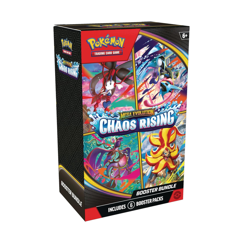 Colorful box design featuring various Pokémon characters, labeled 'Mega Evolution - Chaos Rising' with 6 booster packs included.