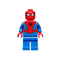 Minifigure of a superhero with a red head and torso featuring a spider emblem, blue legs, and red arms.