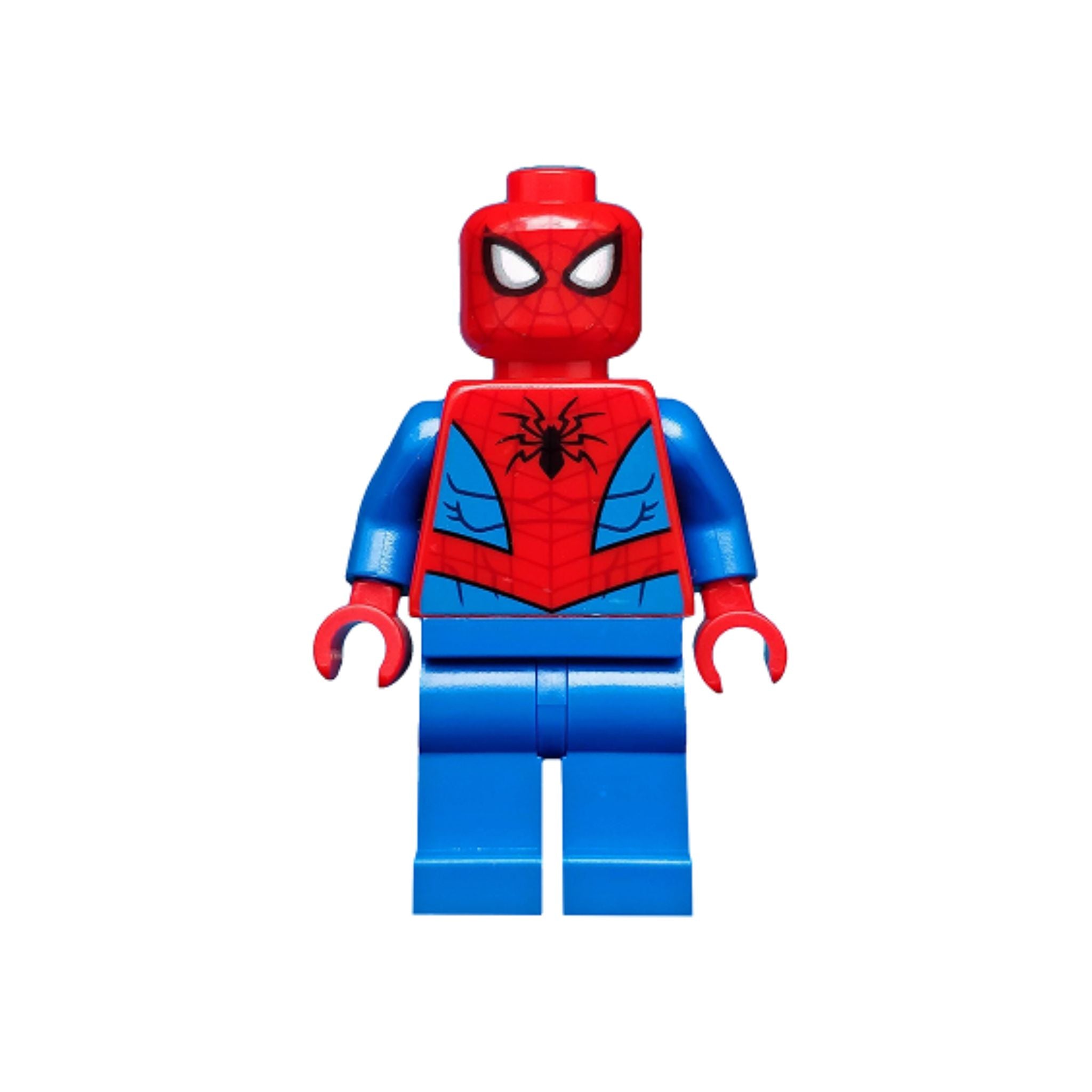 Minifigure of a superhero with a red head and torso featuring a spider emblem, blue legs, and red arms.