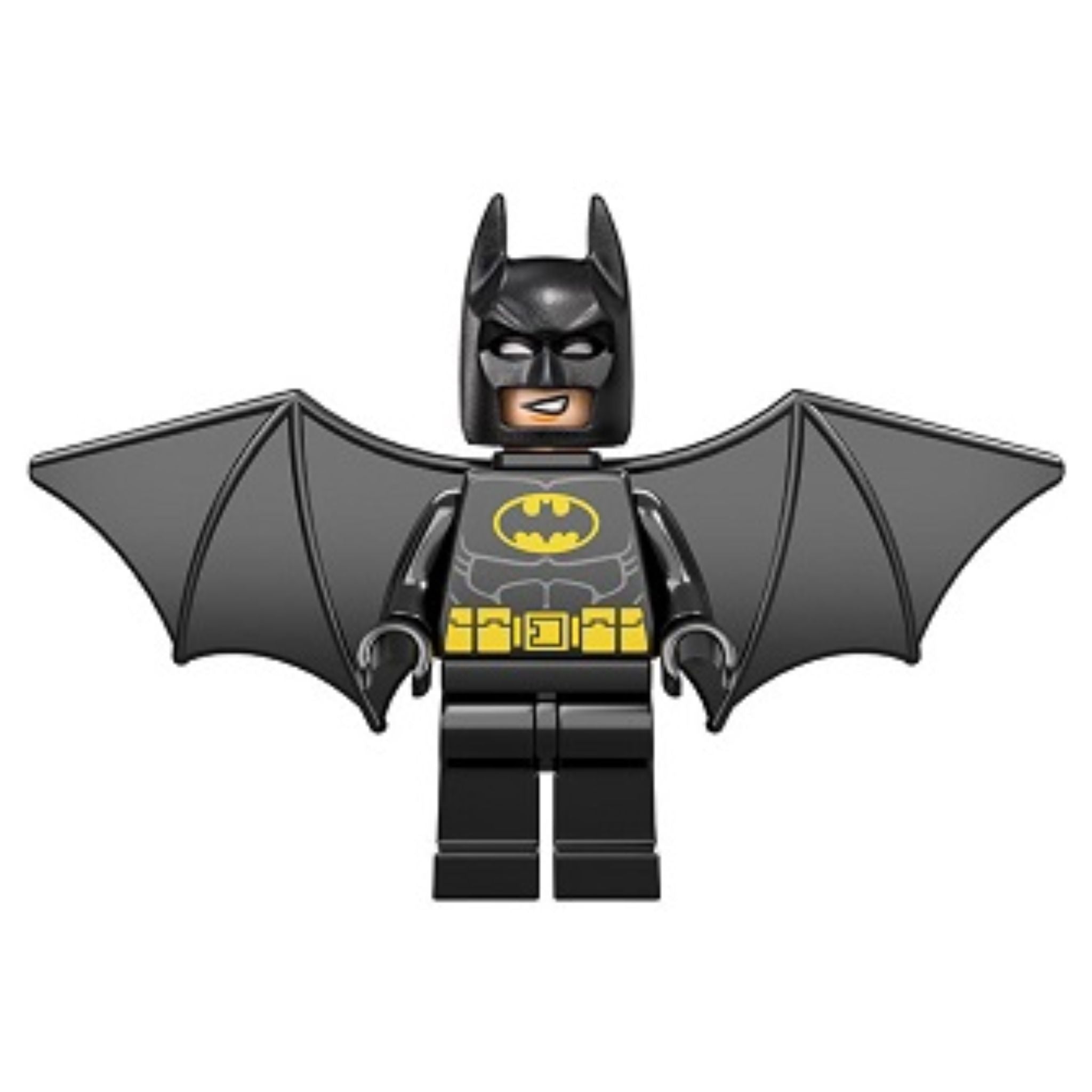 Minifigure featuring a bat-themed design with black wings, a black headband, and a smiling face with yellow accents.
