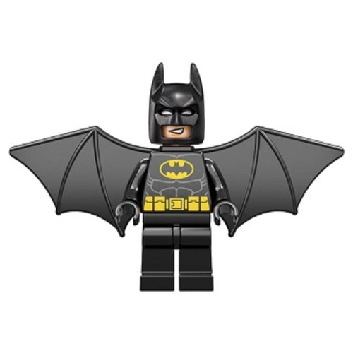 Minifigure featuring a bat-themed design with black wings, a black headband, and a smiling face with yellow accents.