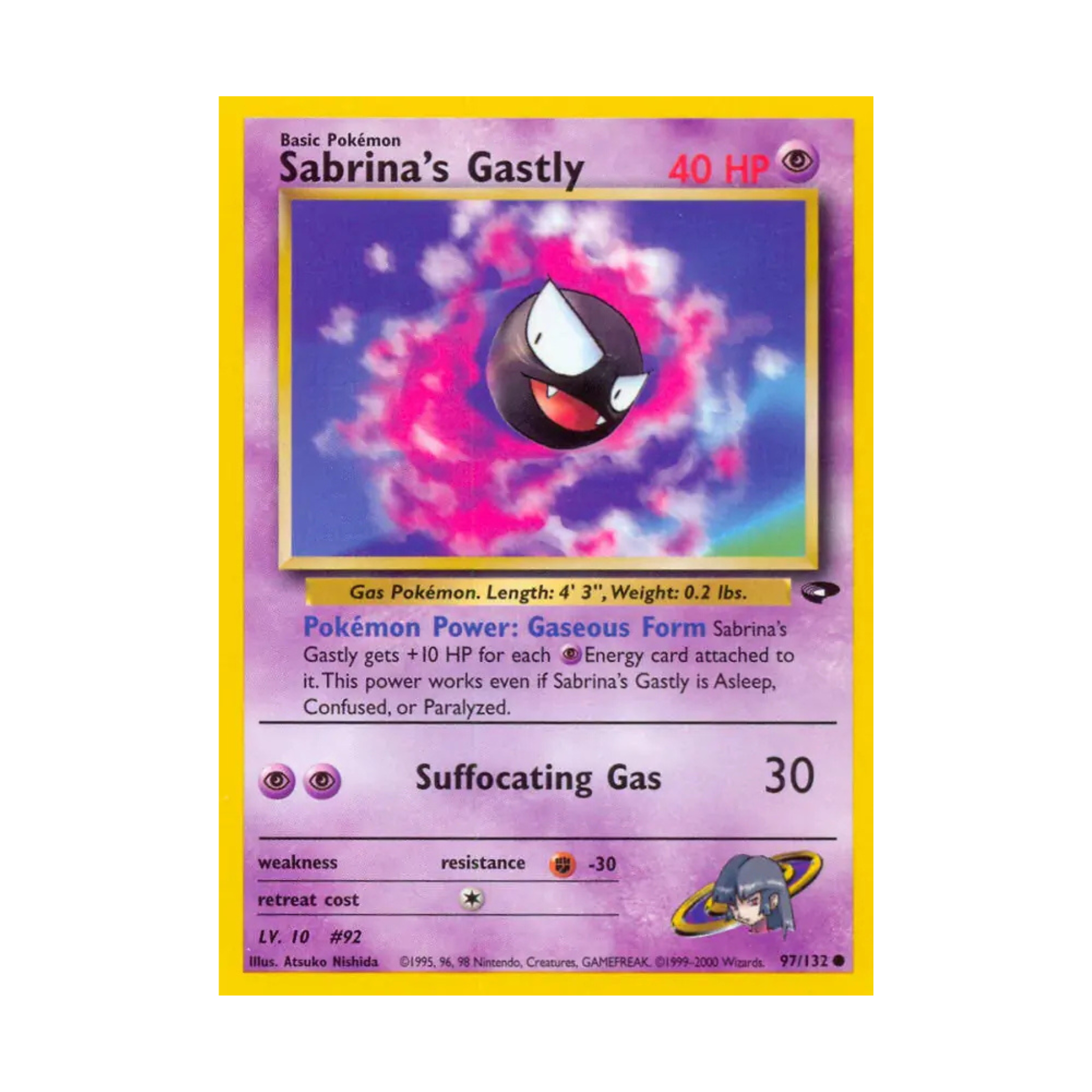 Sabrina's Gastly Pokémon card featuring a ghostly character with vibrant purple and black artwork, 40 HP, and abilities.