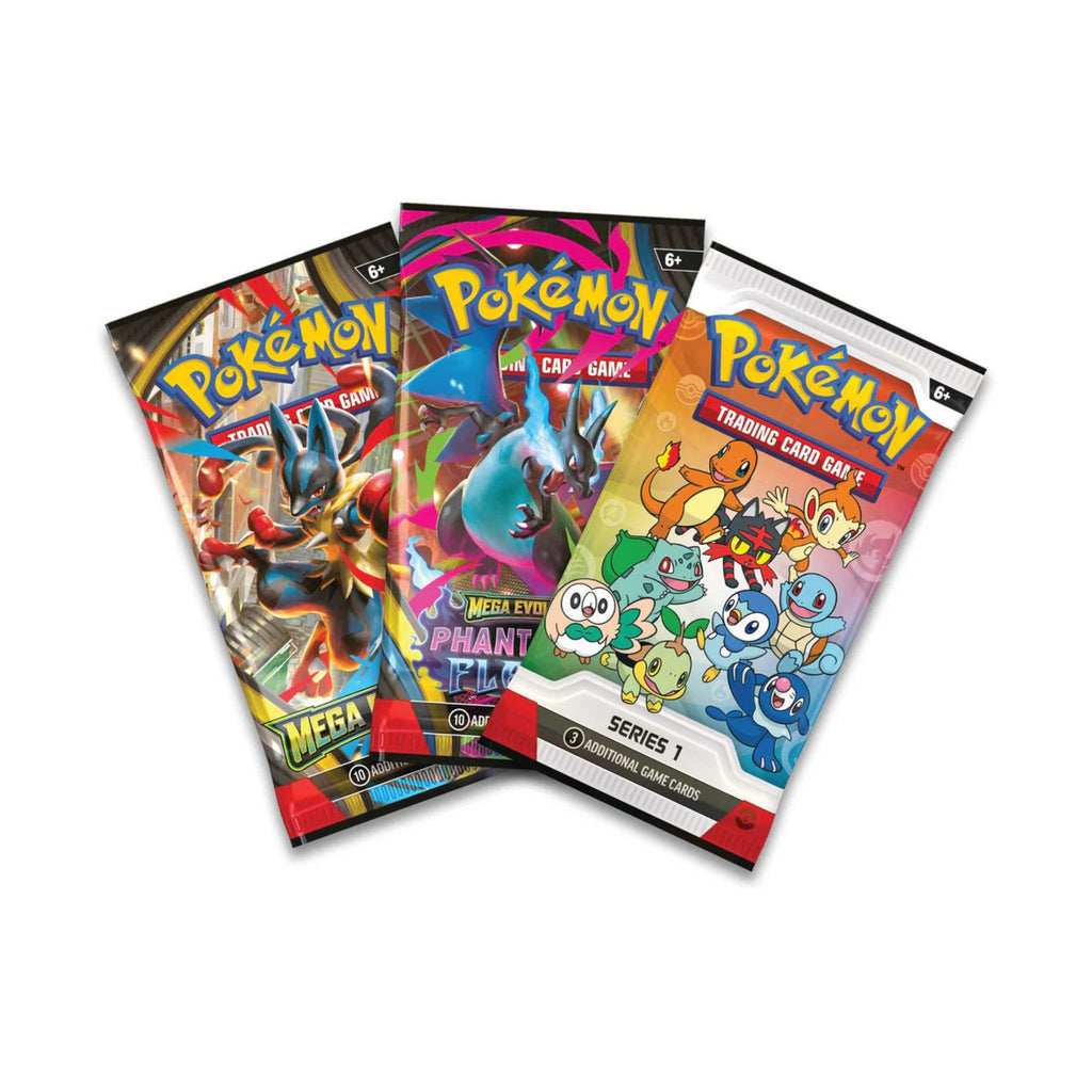 Three vibrant Pokémon trading card packs featuring various characters, labeled with 'Series 1' and 'Mega Evolution.'