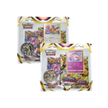 Blister pack featuring three Pokémon TCG booster packs, a promotional card, and a collectible coin.