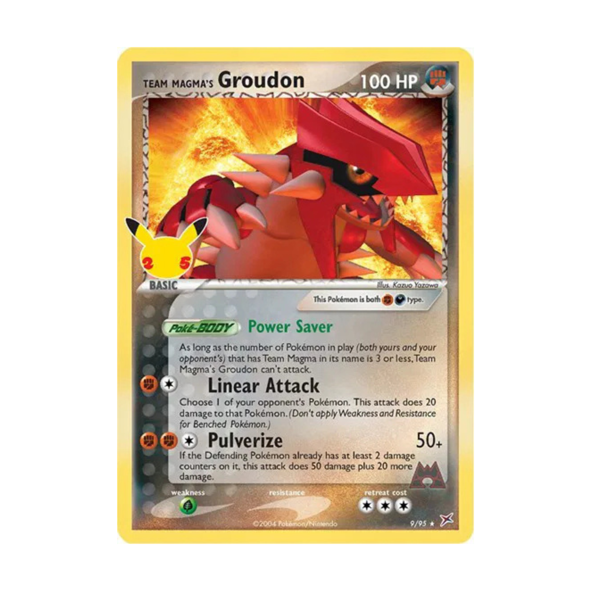Team Magma's Groudon Pokémon trading card featuring a red and orange creature with 100 HP and two attacks.