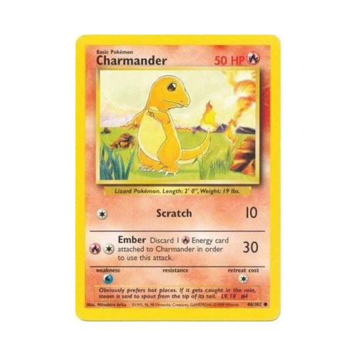 Charmander Pokémon trading card featuring HP 50, attack moves Scratch and Ember, with a yellow border.