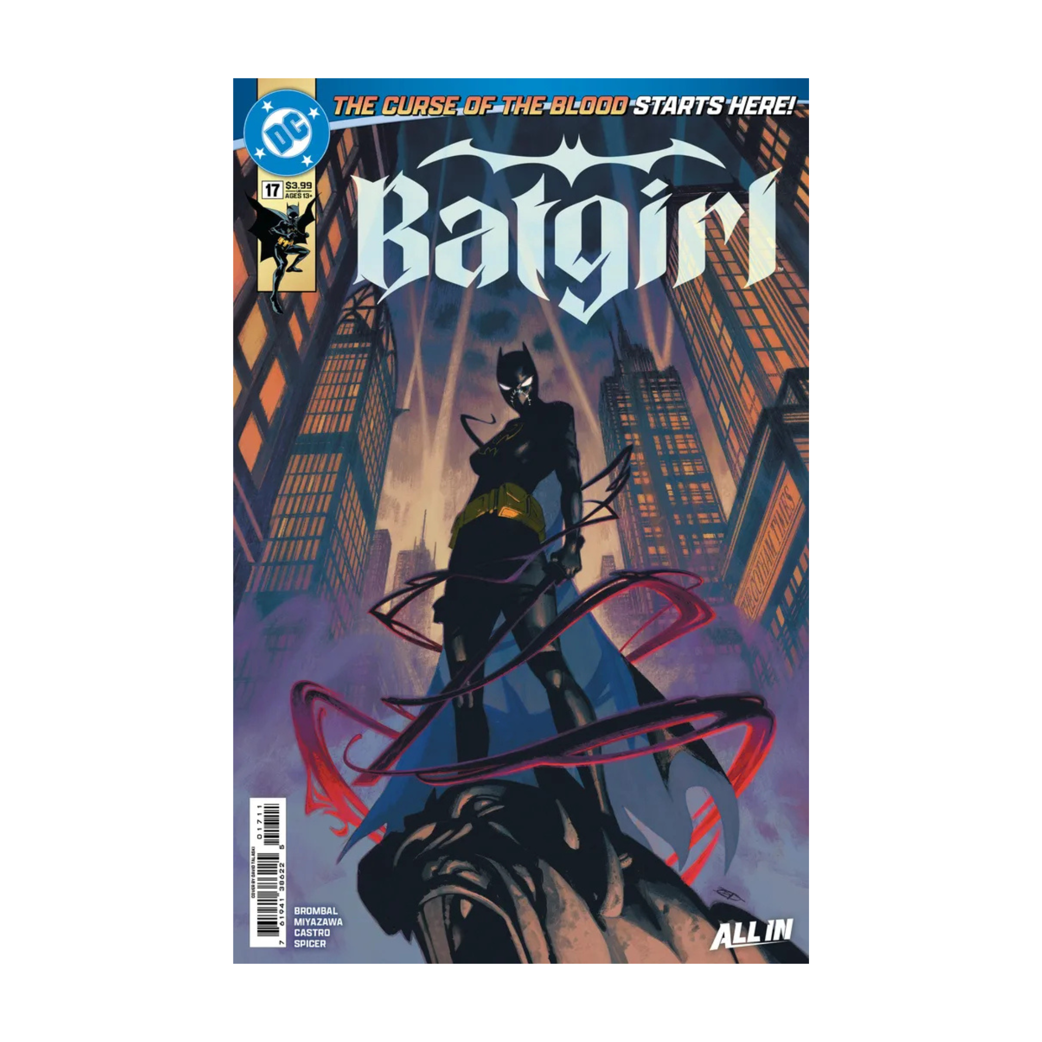 Batgirl #17 comic book cover featuring a character in a dark costume, cityscape background, and text 'THE CURSE OF THE BLOOD STARTS HERE!'