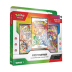 Boxed First Partner Illustration Collection - Series 1 featuring Pokémon trading cards and colorful character illustrations.
