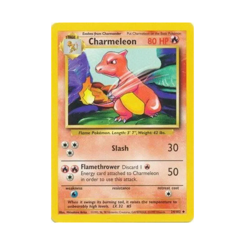 Charmeleon Pokémon trading card featuring HP 80, attack moves Slash and Flamethrower, evolving from Charmander.