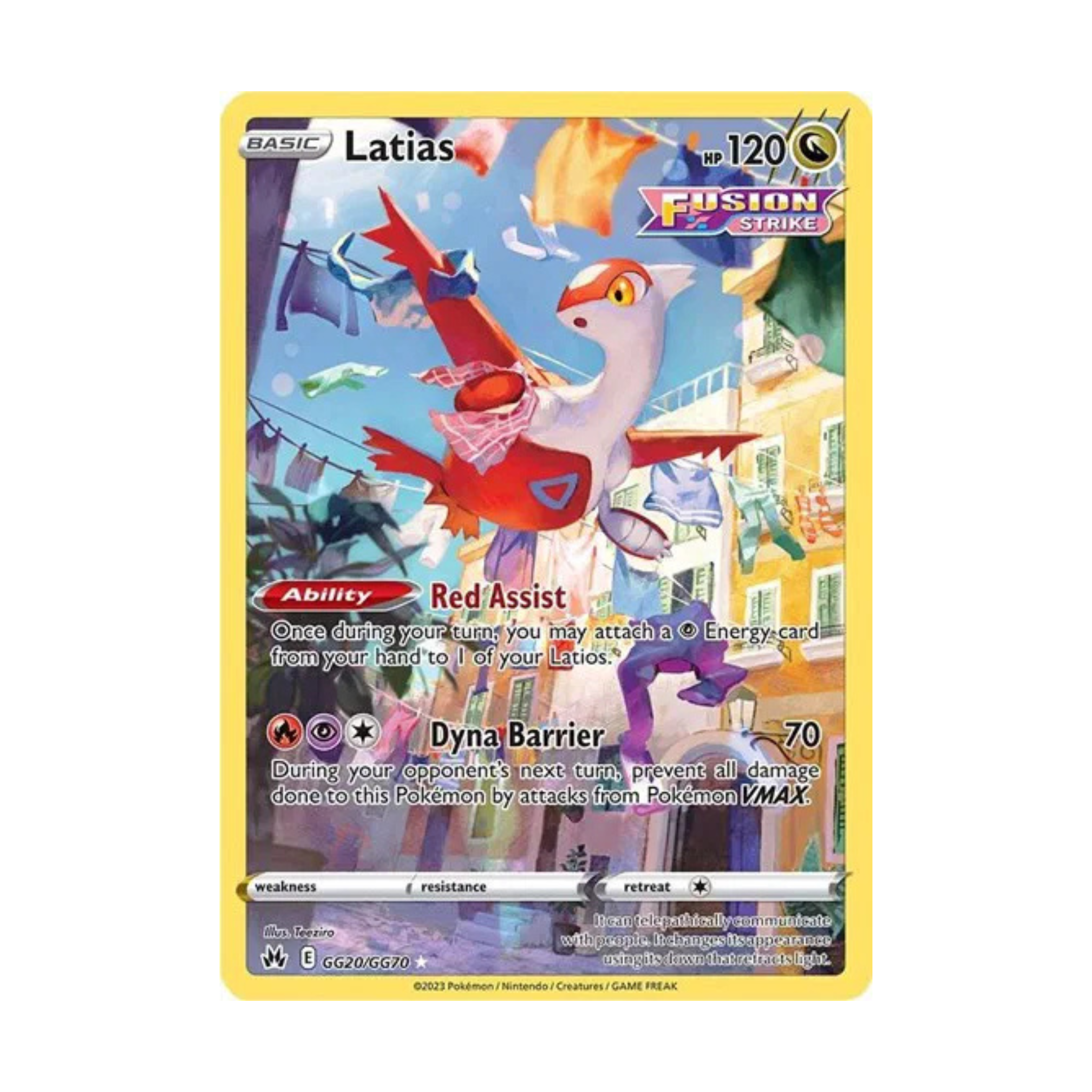 Latias Pokémon trading card from the Fusion Strike series, featuring colorful illustration and abilities Red Assist and Dyna Barrier.