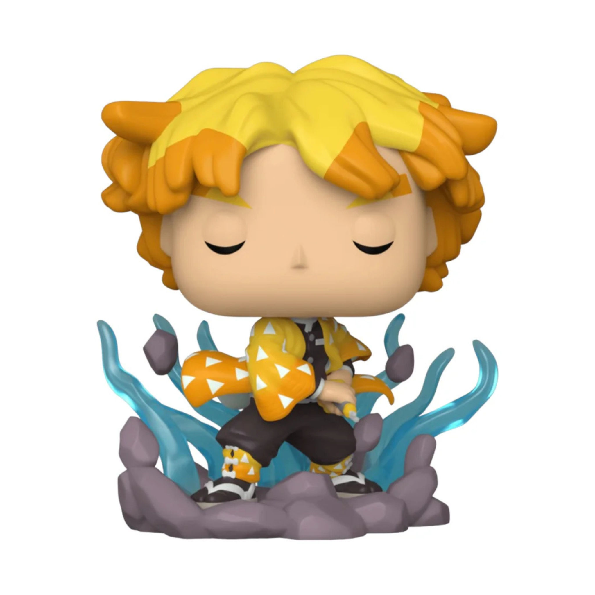 Funko Pop figure of Zenitsu with yellow curly hair, dressed in an orange and black outfit, standing on a blue and gray base.