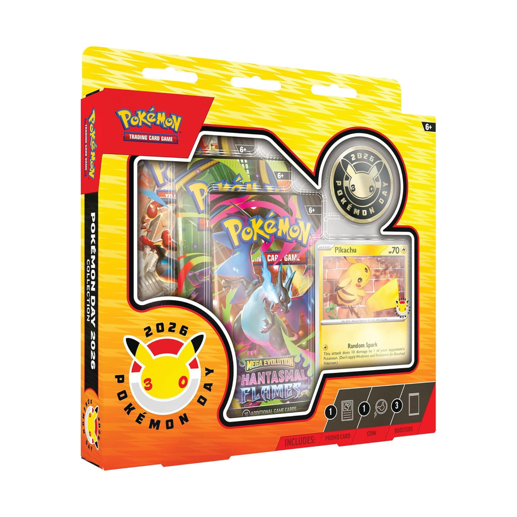 Colorful packaging of Pokémon TCG: Pokémon Day 2026 Collection featuring Pikachu and various Pokémon characters.