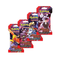 Four Pokémon TCG: Destined Rivals Sleeved Booster Packs featuring vibrant artwork and branding from the Pokémon franchise.