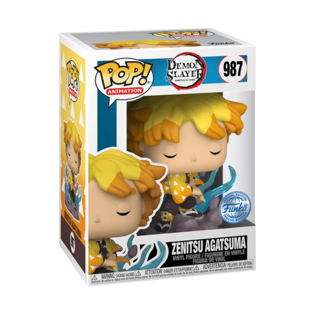 Zenitsu Agatsuma Funko Pop figure with yellow hair in a seated pose, featuring window display packaging and labeled number 987.