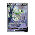 Celebi V Pokémon card featuring a green creature with wings, displaying moves 'Leaflet Dance' and 'Slash Back' in a nature scene.