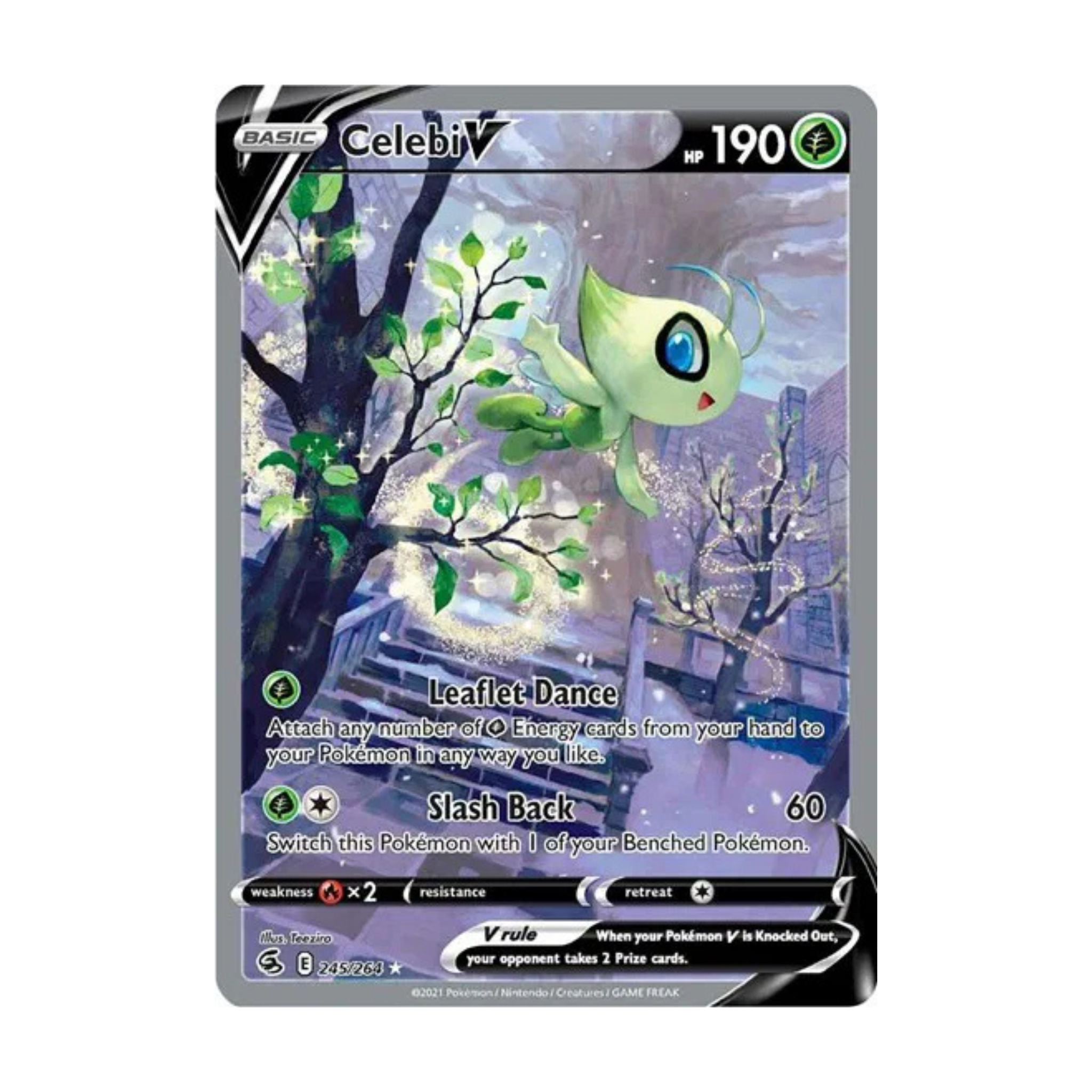 Celebi V Pokémon card featuring a green creature with wings, displaying moves 'Leaflet Dance' and 'Slash Back' in a nature scene.