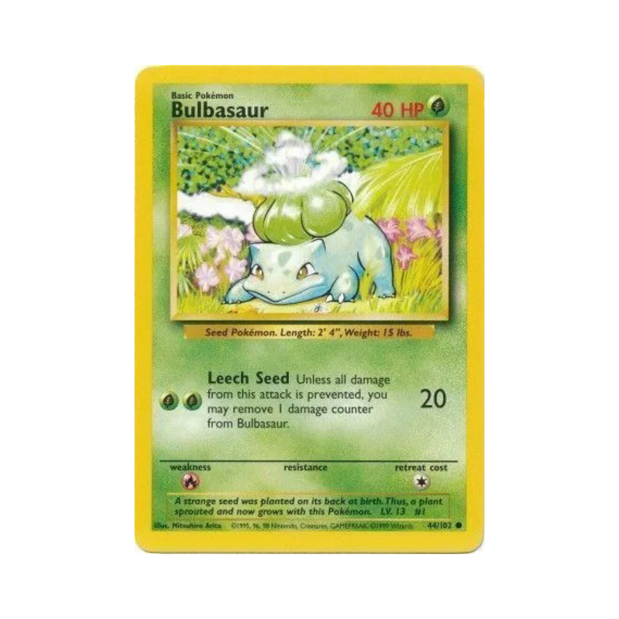 Bulbasaur Pokémon trading card featuring an illustration, 40 HP, and Leech Seed attack details.