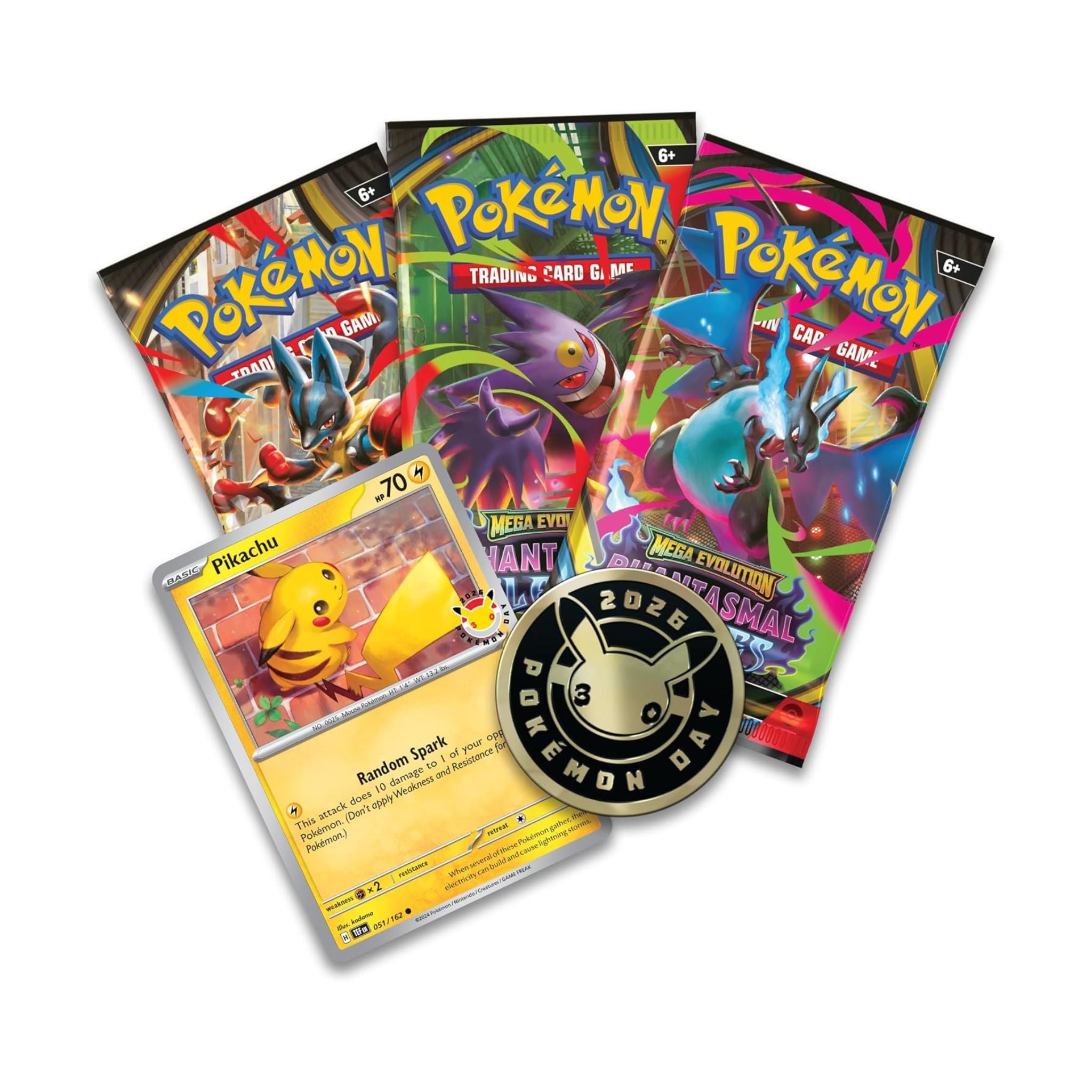 Three Pokémon trading card packs featuring colorful artwork and a Pikachu card with the attack 'Random Spark' and damage '-70'.