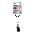 LEGO Ghost-Spider keychain featuring a black and white figure with a hood attached to a metal chain and ring.