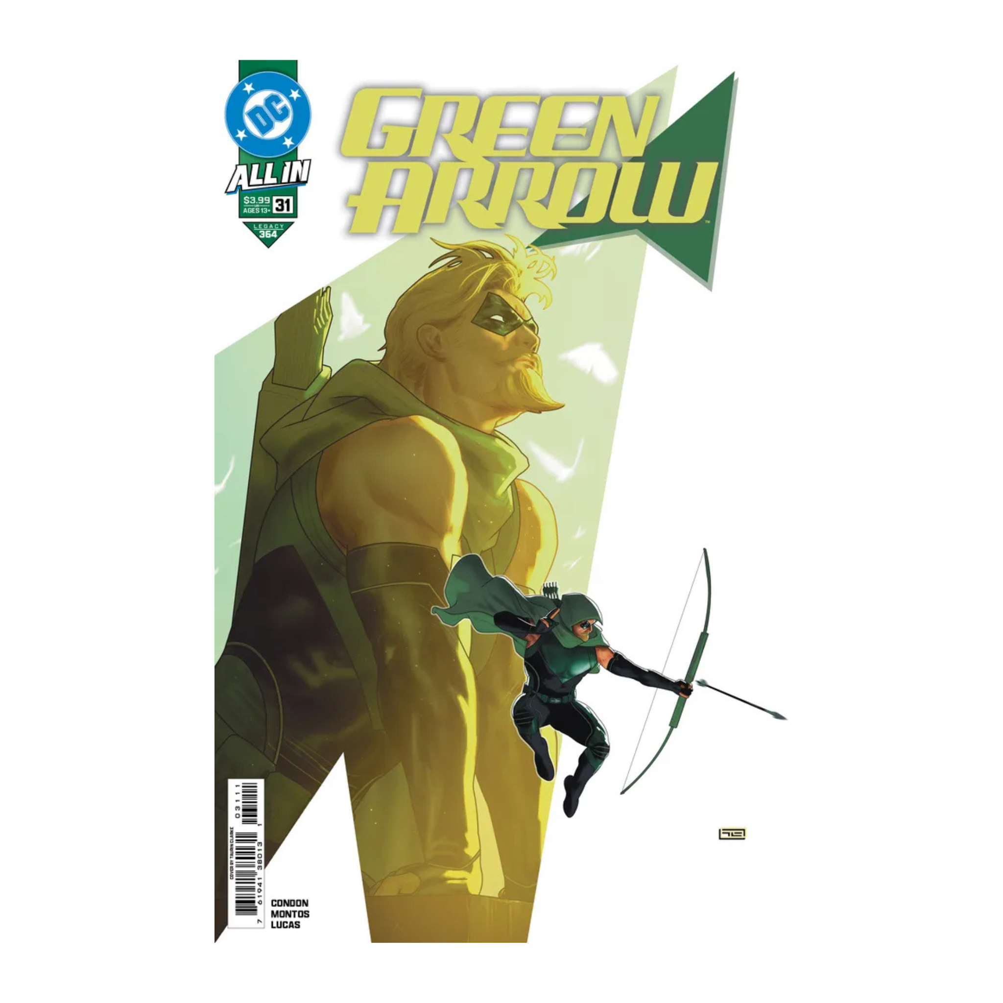 Cover of Green Arrow #31 featuring a character with a bow and arrow in action against a green and yellow background.