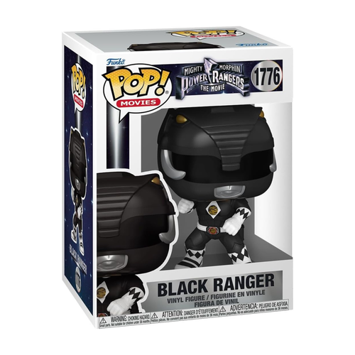 Funko Pop figure of the Black Ranger from Mighty Morphin Power Rangers, featuring a clear box with character details.