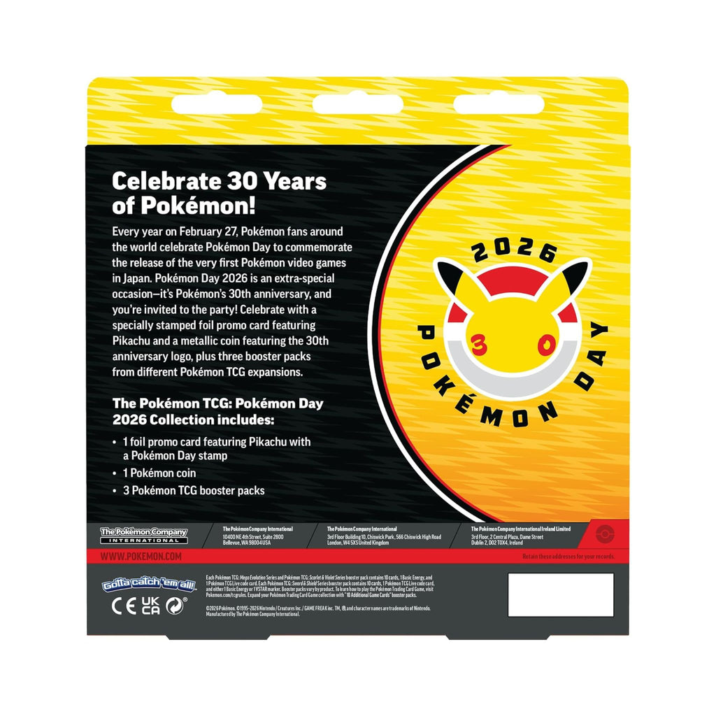 Packaging design for Pokémon TCG: Pokémon Day 2026 Collection featuring Pikachu, a promo card, booster packs, and a coin.